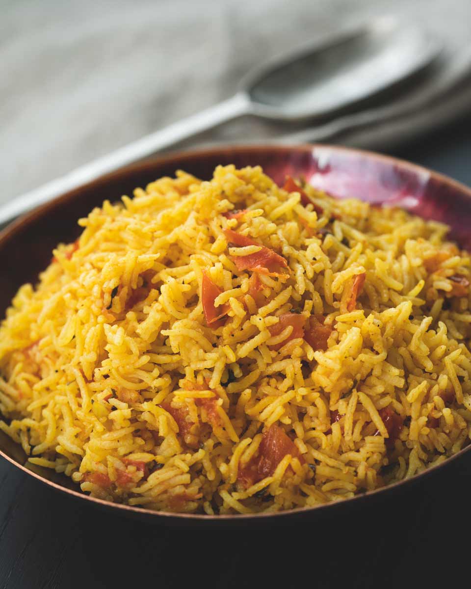 South Indian Nicely Spiced Tomato Rice - Faces Places and Plates